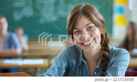 A teenage student smiling brightly in the classroom, radiating positivity and enthusiasm engaged in learning, creating a vibrant and joyful atmosphere in the educational environment.  AI Generated 121715839