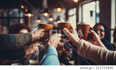 Members joyfully clinking coffee mugs together in a celebratory gesture, symbolizing camaraderie, success and shared happiness, creating a warm and positive atmosphere among the group. AI Generated 121715840