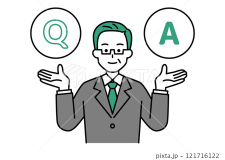 Q&Aを受け付ける中年のスーツの男性 Q&Aを受け付ける中年のスーツの男性 121716122