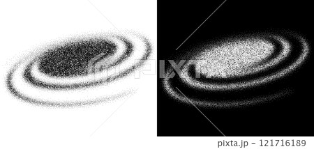 Abstract art background with dotted spiral. Stipple effect with chaotic noise. Black shape on a white background and the same white shape on the black side. 121716189