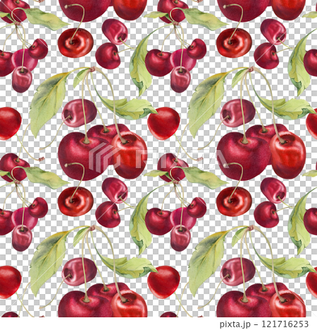 Sweet sour red cherry with green leaves, hand drawn in watercolor, garden berry on branches in group clusters. Seamless pattern wallpaper illustration. Restaurant, cafe menu, wedding, farmers market. Sweet sour red cherry with green leaves, hand drawn in watercolor, garden berry on branches in group clusters. Seamless pattern wallpaper illustration. Restaurant, cafe menu, wedding, farmers market. 121716253