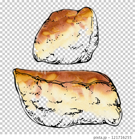 Traditional Japanese inari sushi tofu wrap pocket, tamagoyaki fried cheese pancake omelette, vegetarian vegan food. Hand drawn in watercolor, ink. Illustration for restaurant, cafe menu, recipe book 121716255