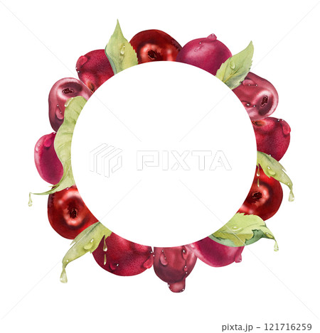 Sweet sour red cherry with green leaves, hand drawn in watercolor, garden berry in group clusters on branches. Wreath circle frame illustration, for restaurant, cafe menu, wedding, farmers market. Sweet sour red cherry with green leaves, hand drawn in watercolor, garden berry in group clusters on branches. Wreath circle frame illustration, for restaurant, cafe menu, wedding, farmers market. 121716259