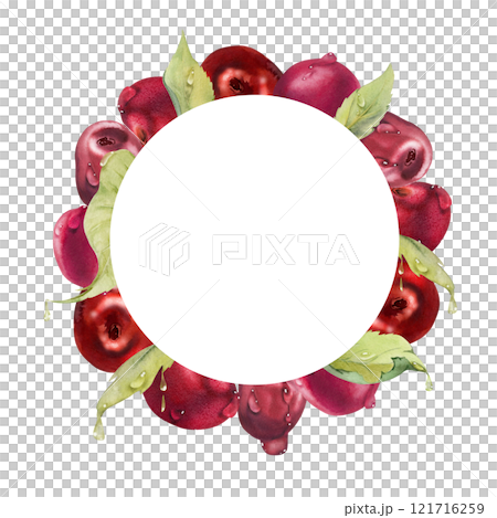 Sweet sour red cherry with green leaves, hand drawn in watercolor, garden berry in group clusters on branches. Wreath circle frame illustration, for restaurant, cafe menu, wedding, farmers market. Sweet sour red cherry with green leaves, hand drawn in watercolor, garden berry in group clusters on branches. Wreath circle frame illustration, for restaurant, cafe menu, wedding, farmers market. 121716259
