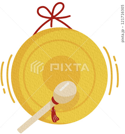 Chinese gongs and sticks for hitting them to make loud noises Celebrating Chinese New Year. Vector Illustration on white background.	 121716305