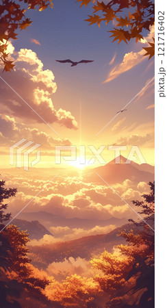 紅葉の山と雲海から見える太陽　AI画像 121716402