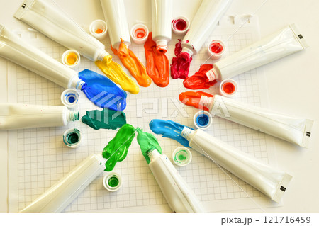 Acrylic paint of different colors squeezed out of tubes. Acrylic paint of different colors squeezed out of tubes. 121716459