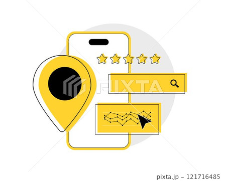 Local SEO strategies for small businesses, with map pins, star ratings and local customer reviews. Optimized for enhancing visibility, improving local search rankings and attracting nearby customers 121716485
