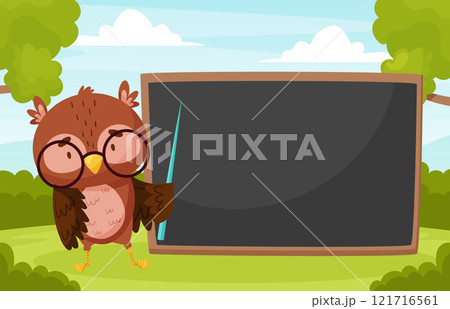Smart Owl Character as Forest Animal at Chalkboard Vector Template 121716561