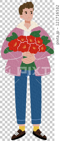 Stylish casual guy holding a bouquet of flowers.Hand drawn flat illustration. On white background.	 121716582