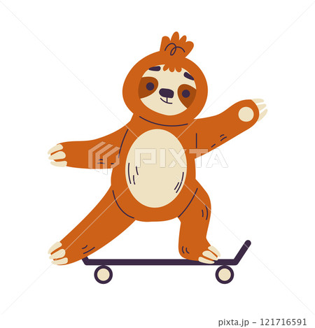 Funny Sloth Animal Character Ride Skateboard Vector Illustration 121716591