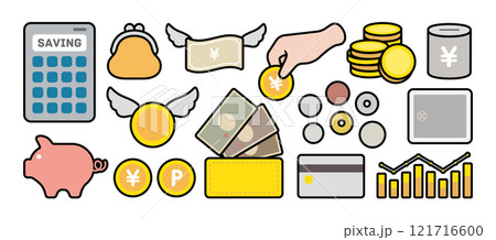 貯金 節約 お金にまつわるアイコンのセット 121716600