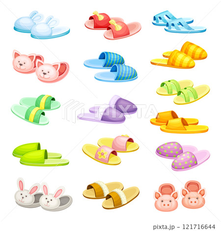Pairs of Comfortable Slippers as Soft Textile Home Footwear Vector Set Pairs of Comfortable Slippers as Soft Textile Home Footwear Vector Set 121716644