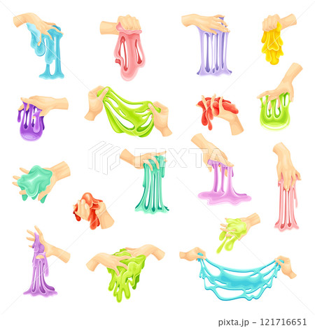 Human Hand Holding Slime as Viscous Colorful Toy Vector Set 121716651