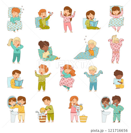 Sleepy Little Boy and Girl Wearing Pajamas Get Ready to Bed Vector Set 121716656