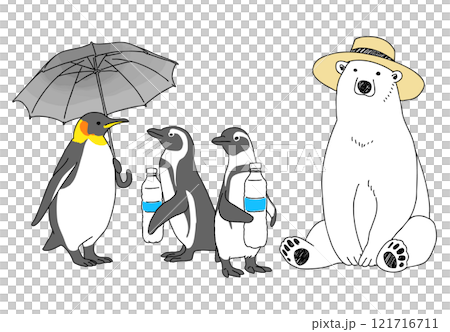 Hand-drawn illustrations of animals taking measures against heat stroke 121716711