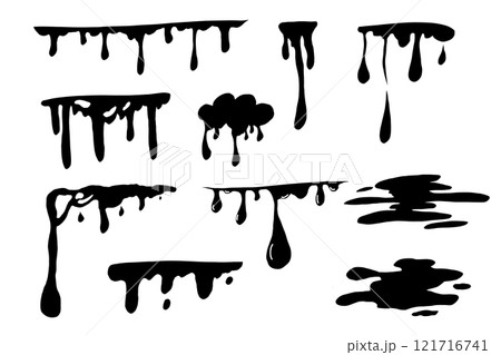 Paint drip splatter, liquid stain fluid ink droplet. Graffiti splash black melt. Paint flows, melt spray border.  121716741