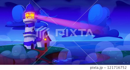Cartoon lighthouse scene at night Cartoon lighthouse scene at night 121716752