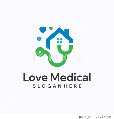 Hospital logo design template. House with stethoscope concept. Creative vector symbol. 121716796