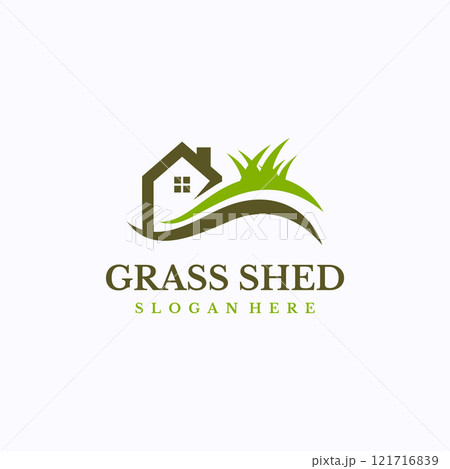 Green home logo design template. Grass storage shed concept. Creative vector symbol. Green home logo design template. Grass storage shed concept. Creative vector symbol. 121716839
