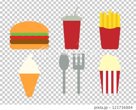 ファストフード（ハンバーガー、ポテト、ポップコーン、ソフトクリーム）のアイコンのイラストのセット 121716884