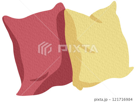 Various pillows. Colored and soft pillows. Resting in bed on the sofa. Warm cozy pillows. Vector illustration on white background. 121716984