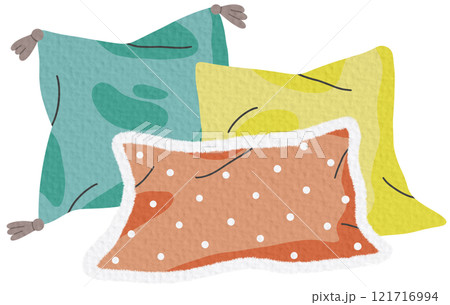 Flat cartoon pillows. Home interior textile, bamboo or feather cushion, soft cozy pillows flat vector illustration on white backgriund.	 121716994