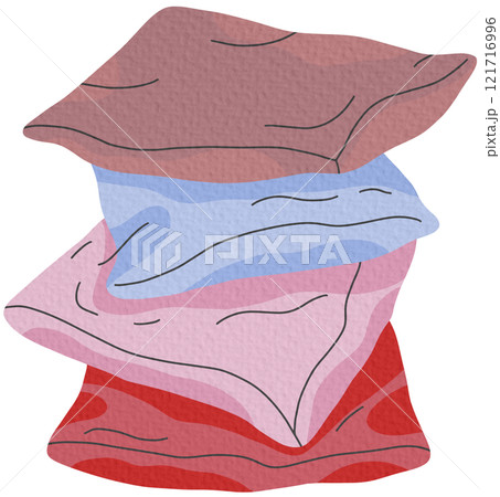 Textile pillows stack. Home interior pillows, cozy sofa cushions, decorative soft pillows flat vector illustration	 121716996