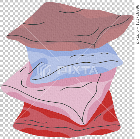 Textile pillows stack. Home interior pillows, cozy sofa cushions, decorative soft pillows flat vector illustration	 121716996