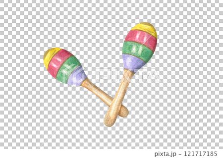Two maracas with colorful striped ornaments watercolor illustration. Musical percussion instrument for Cinco de mayo greeting cards, Mardi Gras, Brazilian carnival invitation design Two maracas with colorful striped ornaments watercolor illustration. Musical percussion instrument for Cinco de mayo greeting cards, Mardi Gras, Brazilian carnival invitation design 121717185