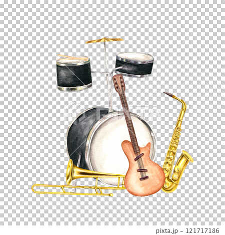 Watercolor musical percussion, string and wind instruments illustration. Saxophone, trombone, electric guitar and drum kit composition. Hand painted orchestra elements for jazz, rock festival poster Watercolor musical percussion, string and wind instruments illustration. Saxophone, trombone, electric guitar and drum kit composition. Hand painted orchestra elements for jazz, rock festival poster 121717186