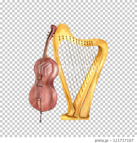 Watercolor classical string musical instruments isolated illustration . Wooden bowed contrabass and harp. Composition for jazz festival design. carnival cards, design St Patrick day element. Watercolor classical string musical instruments isolated illustration . Wooden bowed contrabass and harp. Composition for jazz festival design. carnival cards, design St Patrick day element. 121717187