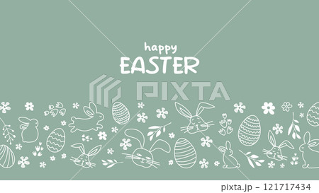 Happy Easter.Greeting card on the theme of the religious holiday. Horizontal banner with hand drawn bunnies,Easter eggs and flowers.Can be used for poster,invitation and preview.green background Happy Easter.Greeting card on the theme of the religious holiday. Horizontal banner with hand drawn bunnies,Easter eggs and flowers.Can be used for poster,invitation and preview.green background 121717434