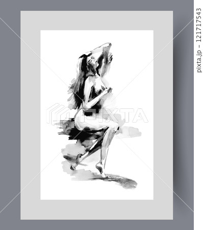 Nude girl in erotic portrait with passionate lady without clothes on wall art. Watercolor artwork 121717543