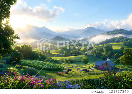 serene biodynamic farm landscape with rolling hills and livestock 121717549