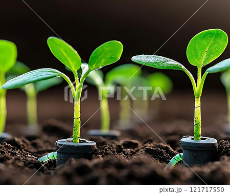 Growing seedlings in soil with drip irrigation system for optimal growth 121717550