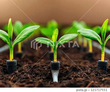 Close up of young plants with drip irrigation system in soil 121717551