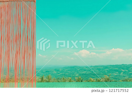 vibrant landscape with colorful strings and lush greenery 121717552
