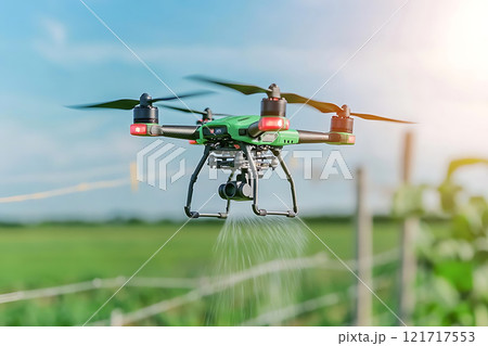 drone spraying crops in vibrant green field under clear sky 121717553