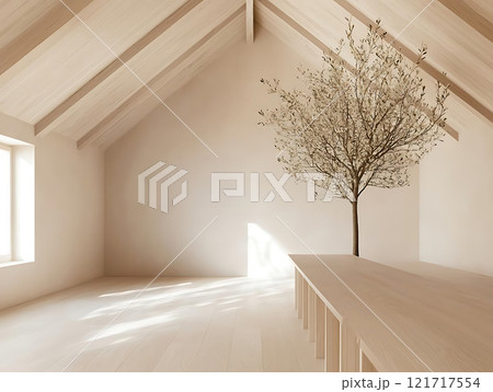 serene interior with minimalist design featuring tree 121717554