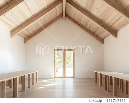 Modern interior with wooden beams and large windows, creating bright space 121717555