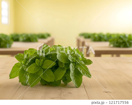 Fresh basil plant on wooden table in bright indoor garden 121717556