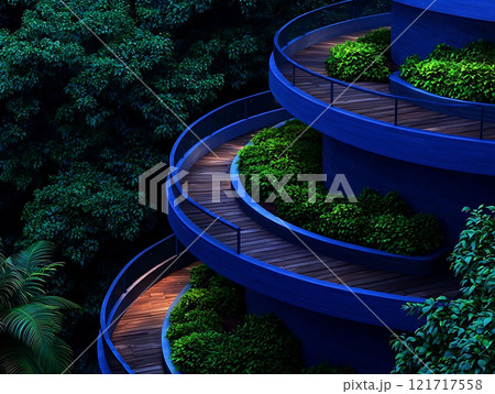 stunning aerial view of spiraling blue structure surrounded by lush greenery 121717558