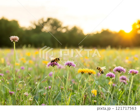 vibrant field of wildflowers with bees buzzing at sunset vibrant field of wildflowers with bees buzzing at sunset 121717563