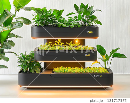 Futuristic vertical farm with vibrant plants and modern design elements 121717575