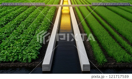 modern dam with water channels surrounded by lush green fields 121717589