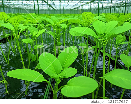 Lush green plants thrive in aquaponics system, showcasing growth and vitality Lush green plants thrive in aquaponics system, showcasing growth and vitality 121717627
