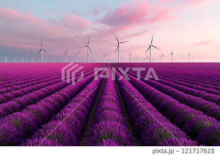 tranquil field of lavender with wind turbines in background 121717628