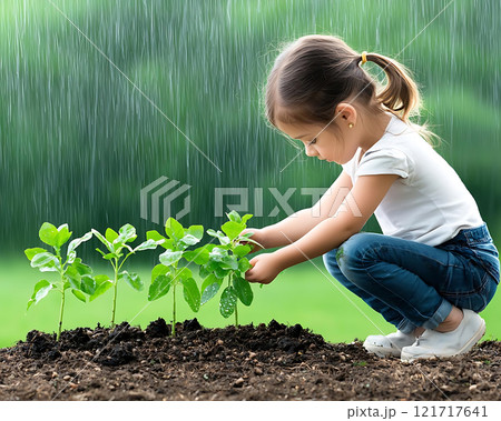 young girl planting seedlings in rain, nurturing nature growth 121717641