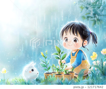 young girl planting seedlings in rain with cute rabbit nearby 121717642